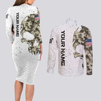 Personalized Camouflage Skull and American Flag Darts Couples Matching Long Sleeve Bodycon Dress and Long Sleeve Button Shirt - Wonder Print Shop