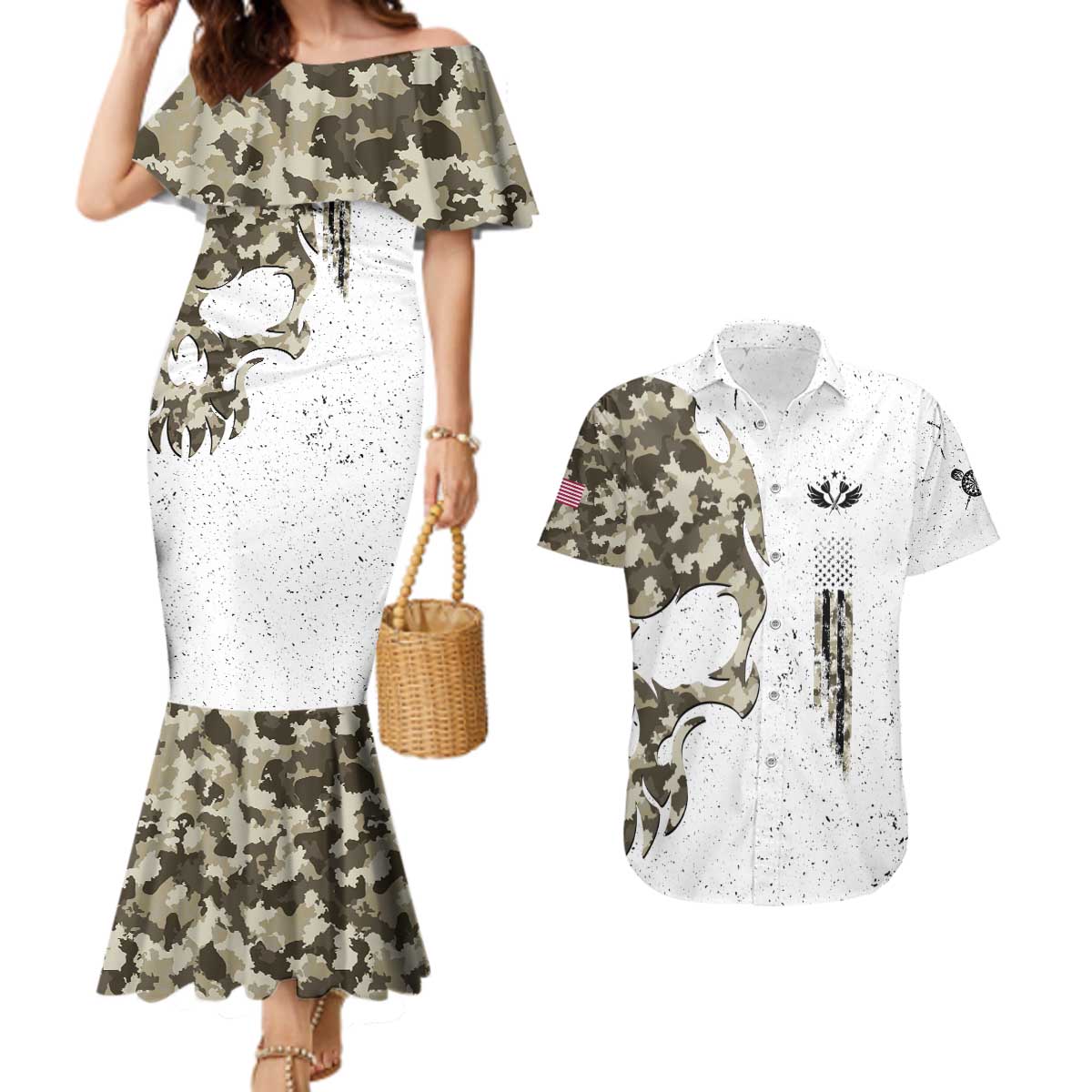 Personalized Camouflage Skull and American Flag Darts Couples Matching Mermaid Dress and Hawaiian Shirt - Wonder Print Shop