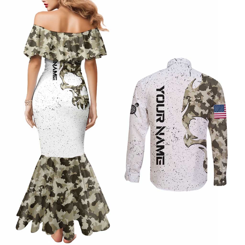 Personalized Camouflage Skull and American Flag Darts Couples Matching Mermaid Dress and Long Sleeve Button Shirt - Wonder Print Shop