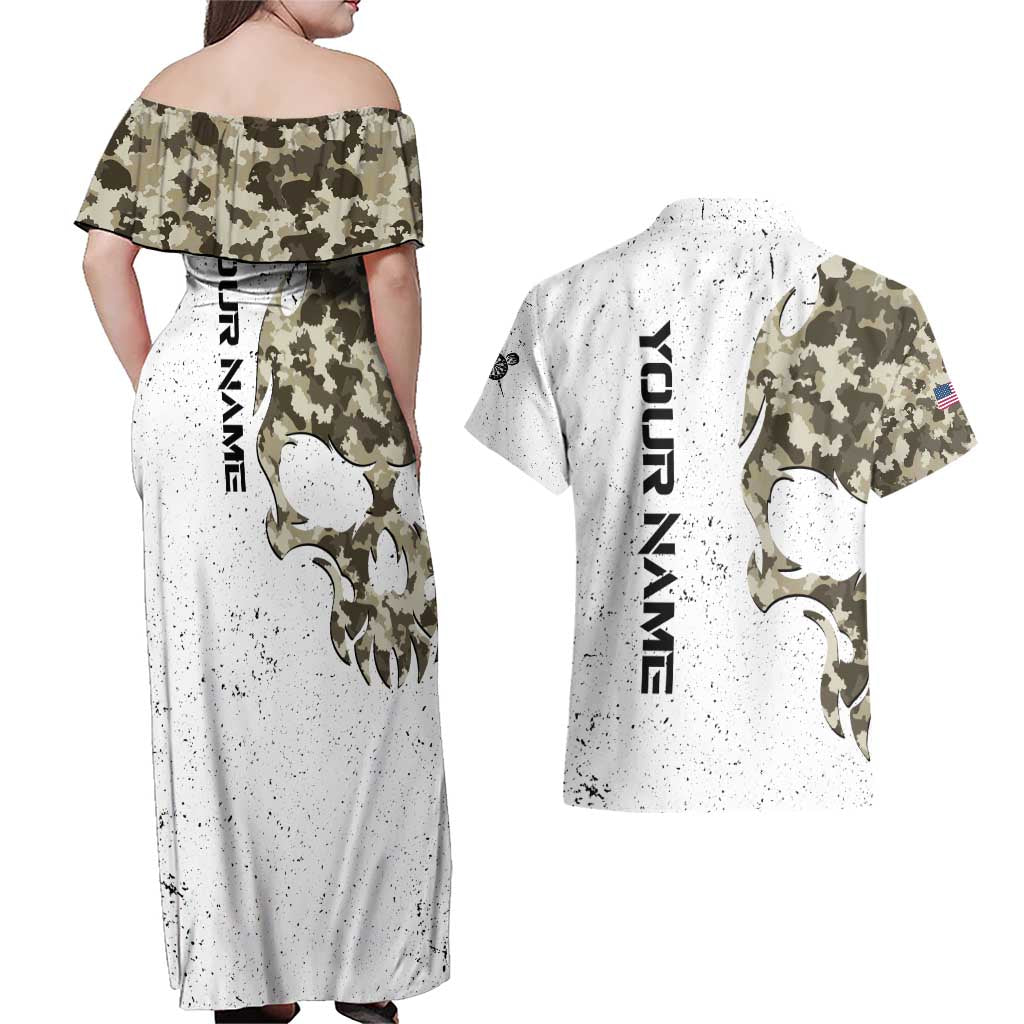 Personalized Camouflage Skull and American Flag Darts Couples Matching Off Shoulder Maxi Dress and Hawaiian Shirt - Wonder Print Shop