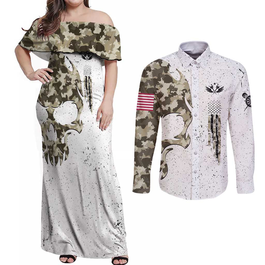 Personalized Camouflage Skull and American Flag Darts Couples Matching Off Shoulder Maxi Dress and Long Sleeve Button Shirt - Wonder Print Shop