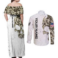 Personalized Camouflage Skull and American Flag Darts Couples Matching Off Shoulder Maxi Dress and Long Sleeve Button Shirt - Wonder Print Shop