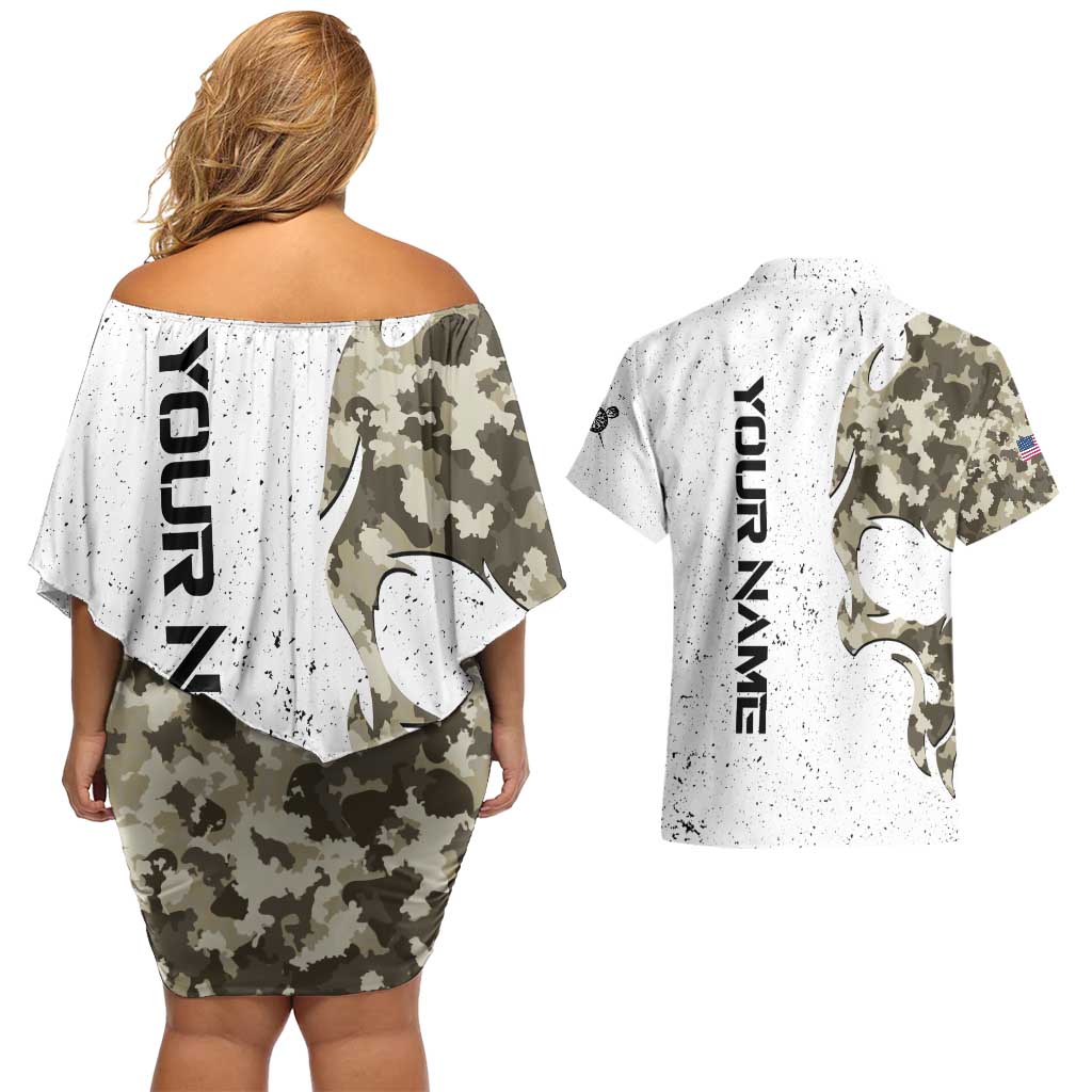 Personalized Camouflage Skull and American Flag Darts Couples Matching Off Shoulder Short Dress and Hawaiian Shirt - Wonder Print Shop