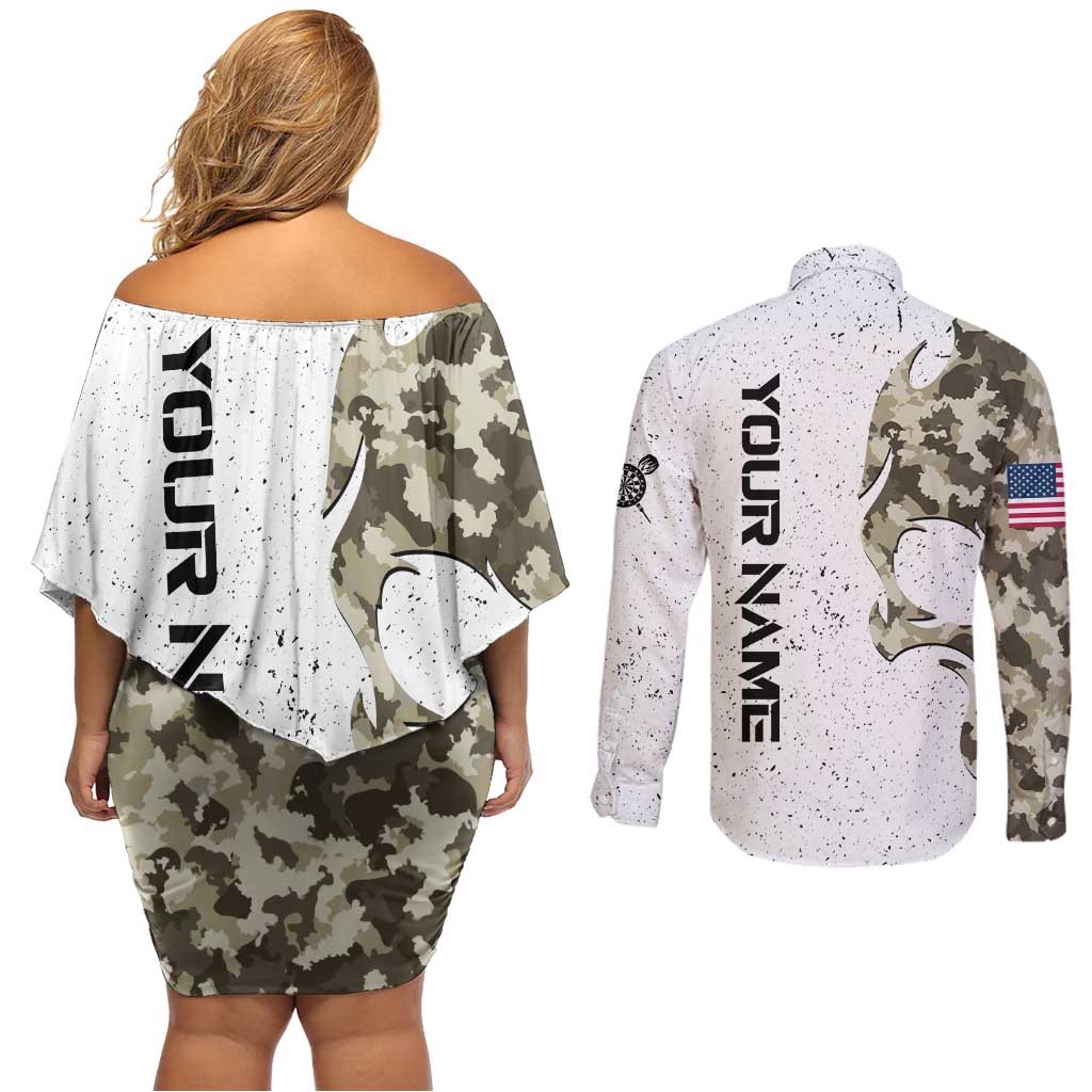 Personalized Camouflage Skull and American Flag Darts Couples Matching Off Shoulder Short Dress and Long Sleeve Button Shirt - Wonder Print Shop