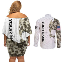 Personalized Camouflage Skull and American Flag Darts Couples Matching Off Shoulder Short Dress and Long Sleeve Button Shirt - Wonder Print Shop