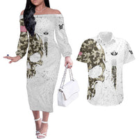 Personalized Camouflage Skull and American Flag Darts Couples Matching Off The Shoulder Long Sleeve Dress and Hawaiian Shirt - Wonder Print Shop