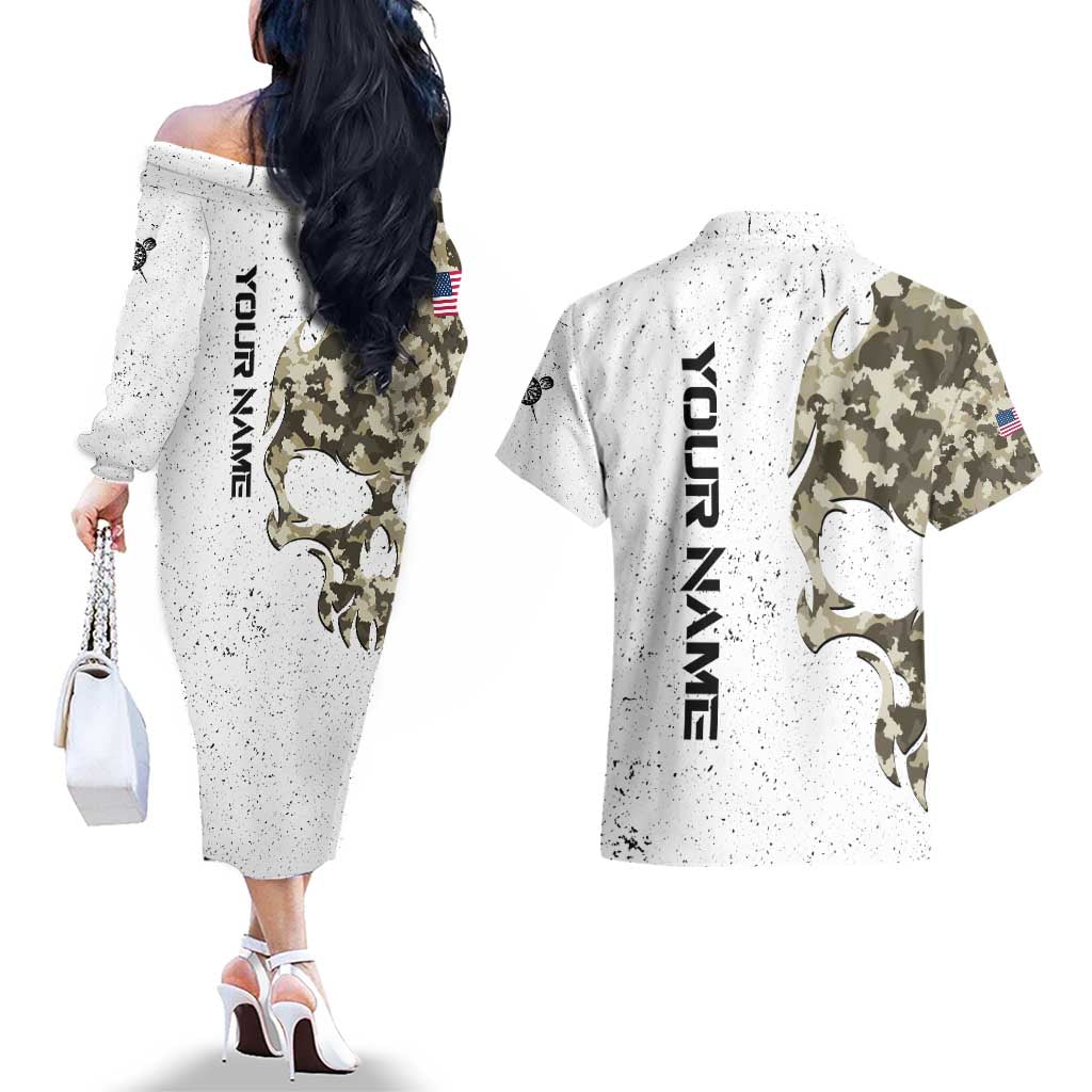 Personalized Camouflage Skull and American Flag Darts Couples Matching Off The Shoulder Long Sleeve Dress and Hawaiian Shirt - Wonder Print Shop