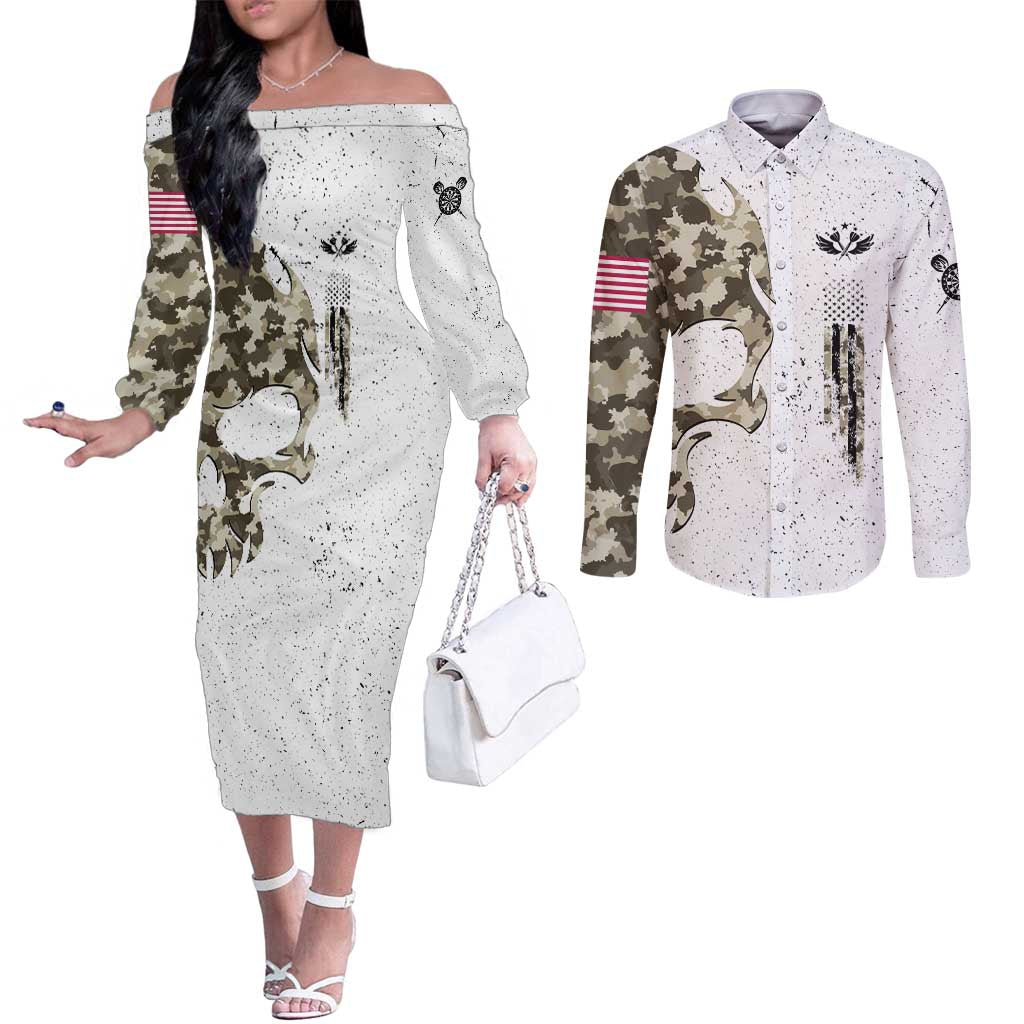 Personalized Camouflage Skull and American Flag Darts Couples Matching Off The Shoulder Long Sleeve Dress and Long Sleeve Button Shirt - Wonder Print Shop