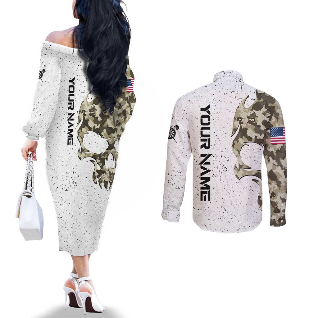 Personalized Camouflage Skull and American Flag Darts Couples Matching Off The Shoulder Long Sleeve Dress and Long Sleeve Button Shirt - Wonder Print Shop