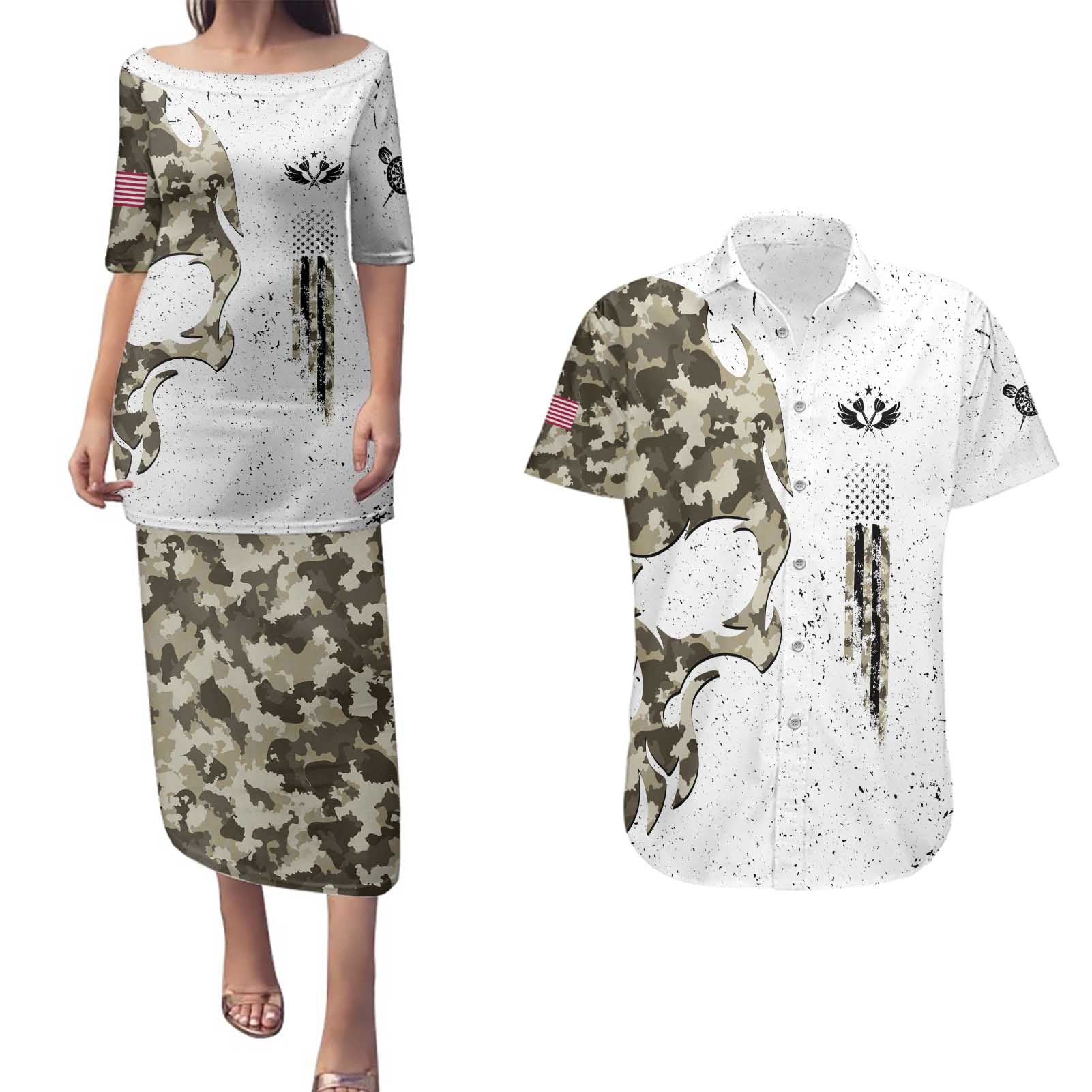 Personalized Camouflage Skull and American Flag Darts Couples Matching Puletasi and Hawaiian Shirt - Wonder Print Shop