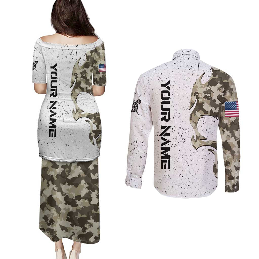 Personalized Camouflage Skull and American Flag Darts Couples Matching Puletasi and Long Sleeve Button Shirt - Wonder Print Shop