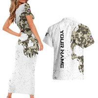 Personalized Camouflage Skull and American Flag Darts Couples Matching Short Sleeve Bodycon Dress and Hawaiian Shirt - Wonder Print Shop