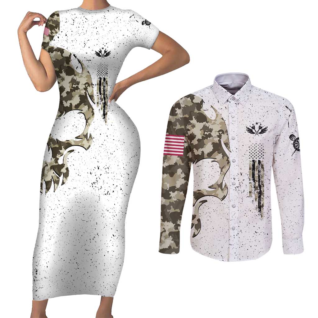 Personalized Camouflage Skull and American Flag Darts Couples Matching Short Sleeve Bodycon Dress and Long Sleeve Button Shirt - Wonder Print Shop