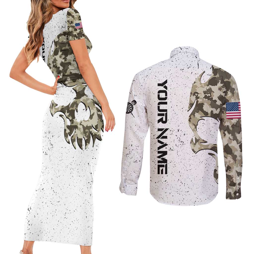 Personalized Camouflage Skull and American Flag Darts Couples Matching Short Sleeve Bodycon Dress and Long Sleeve Button Shirt - Wonder Print Shop