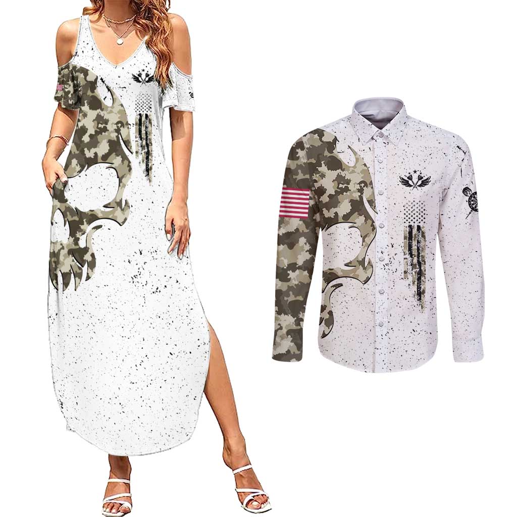 Personalized Camouflage Skull and American Flag Darts Couples Matching Summer Maxi Dress and Long Sleeve Button Shirt - Wonder Print Shop