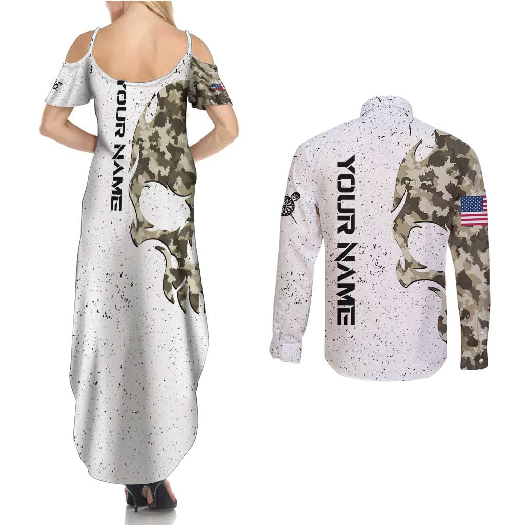 Personalized Camouflage Skull and American Flag Darts Couples Matching Summer Maxi Dress and Long Sleeve Button Shirt - Wonder Print Shop