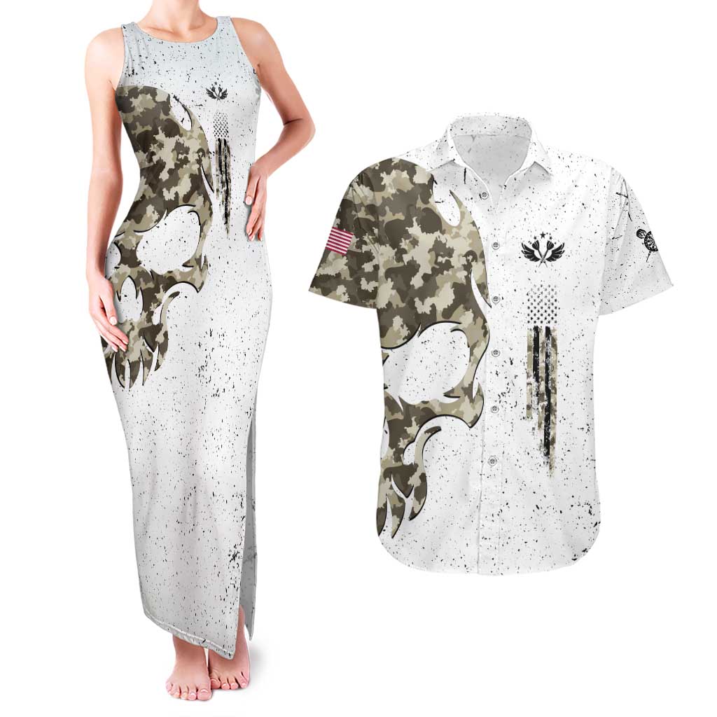 Personalized Camouflage Skull and American Flag Darts Couples Matching Tank Maxi Dress and Hawaiian Shirt - Wonder Print Shop