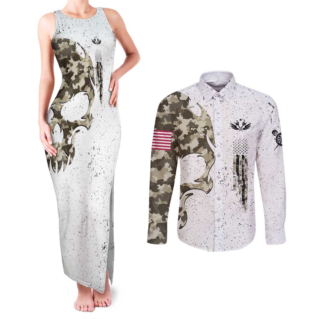 Personalized Camouflage Skull and American Flag Darts Couples Matching Tank Maxi Dress and Long Sleeve Button Shirt - Wonder Print Shop
