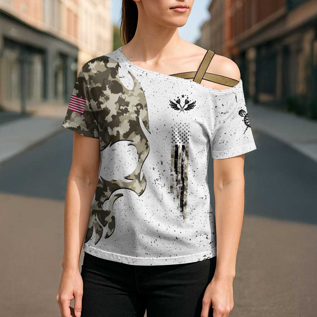Personalized Camouflage Skull and American Flag Darts Cross Shoulder Shirt - Wonder Print Shop