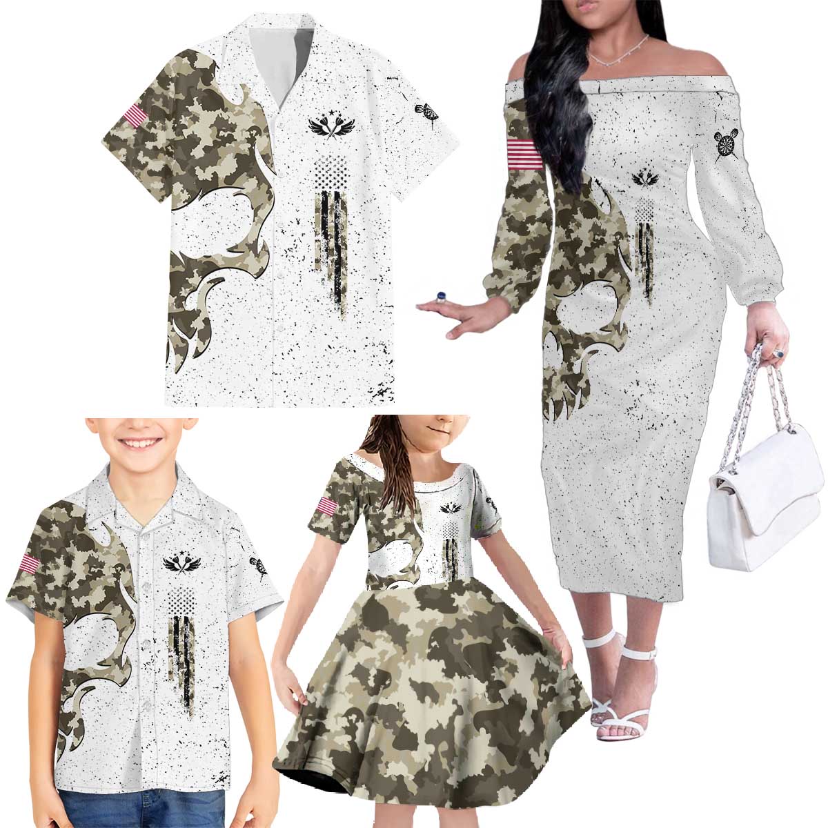 Personalized Camouflage Skull and American Flag Darts Family Matching Off The Shoulder Long Sleeve Dress and Hawaiian Shirt - Wonder Print Shop