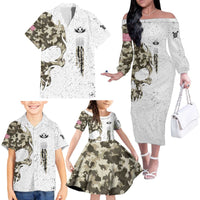 Personalized Camouflage Skull and American Flag Darts Family Matching Off The Shoulder Long Sleeve Dress and Hawaiian Shirt - Wonder Print Shop