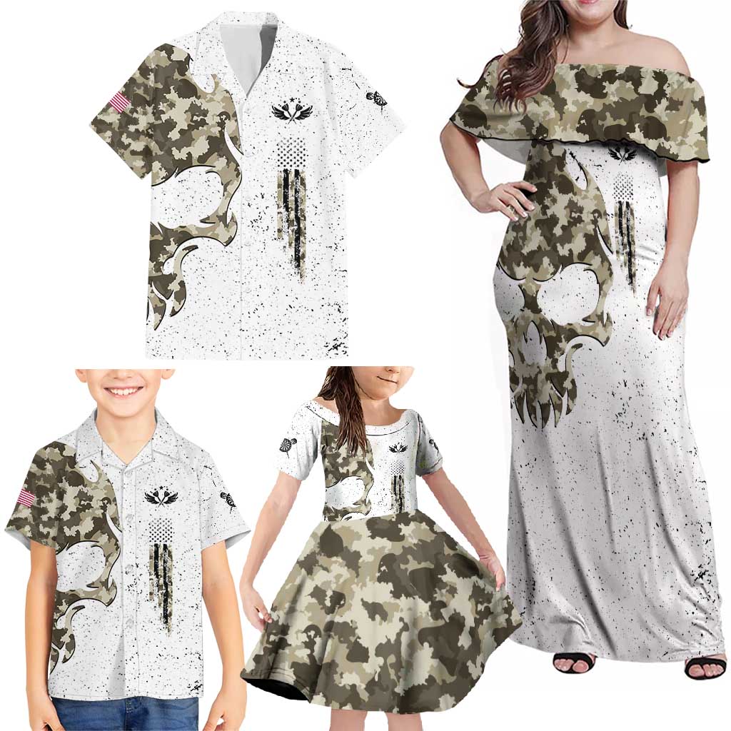 Personalized Camouflage Skull and American Flag Darts Family Matching Off Shoulder Maxi Dress and Hawaiian Shirt - Wonder Print Shop