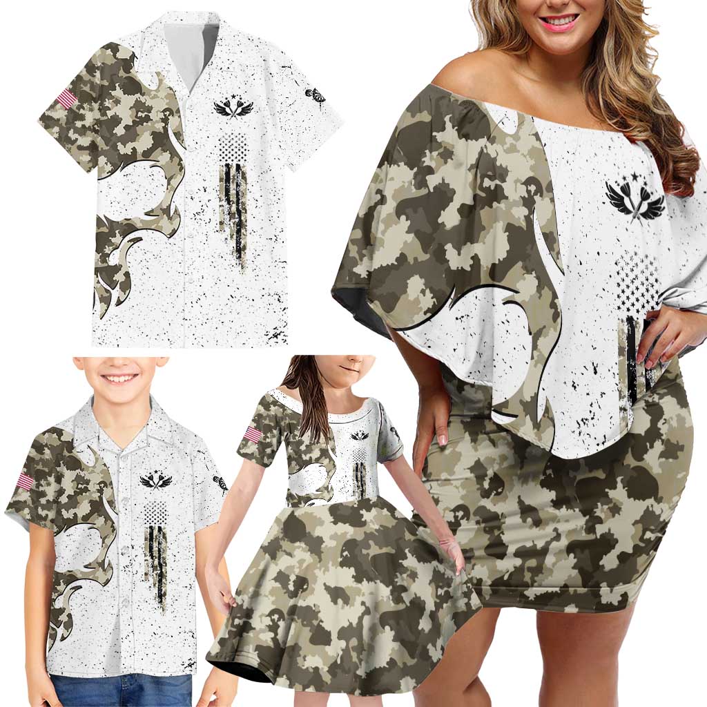 Personalized Camouflage Skull and American Flag Darts Family Matching Off Shoulder Short Dress and Hawaiian Shirt - Wonder Print Shop