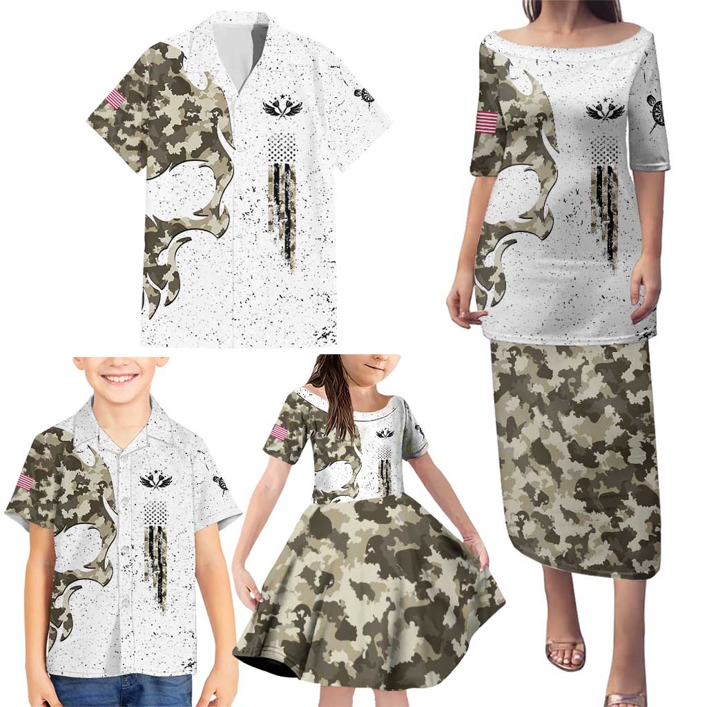 Personalized Camouflage Skull and American Flag Darts Family Matching Puletasi and Hawaiian Shirt - Wonder Print Shop