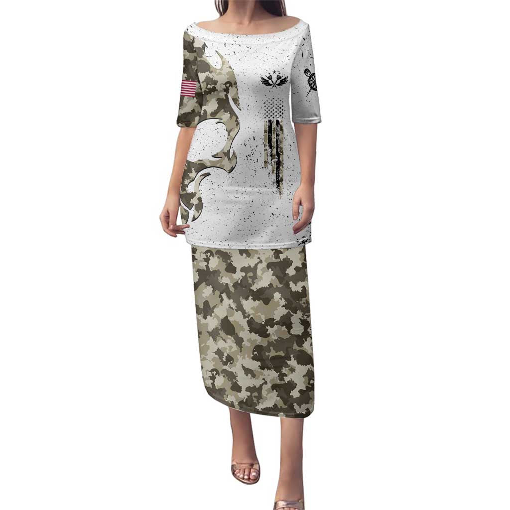 Personalized Camouflage Skull and American Flag Darts Family Matching Puletasi and Hawaiian Shirt - Wonder Print Shop