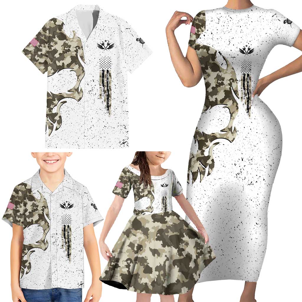 Personalized Camouflage Skull and American Flag Darts Family Matching Short Sleeve Bodycon Dress and Hawaiian Shirt - Wonder Print Shop