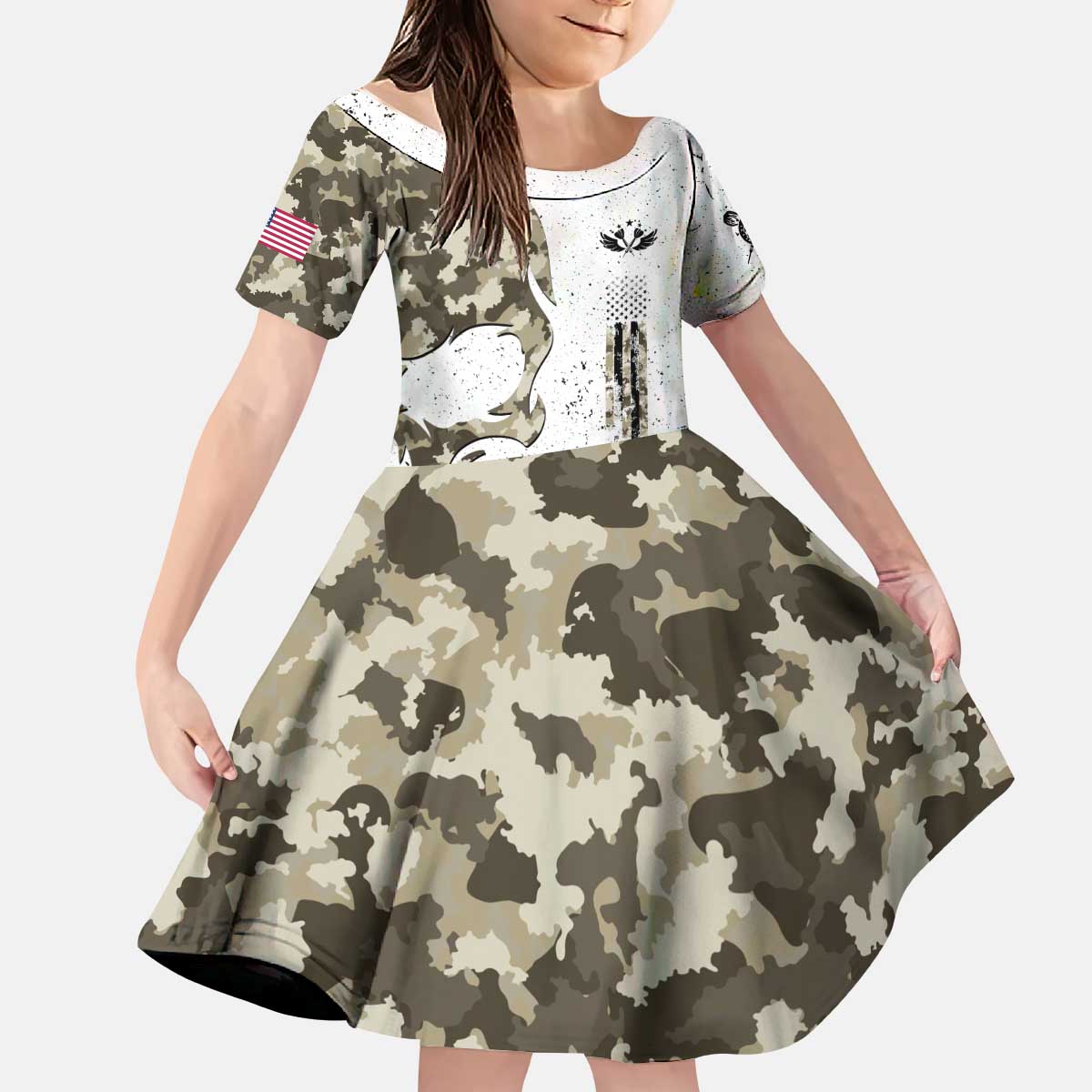 Personalized Camouflage Skull and American Flag Darts Kid Short Sleeve Dress - Wonder Print Shop
