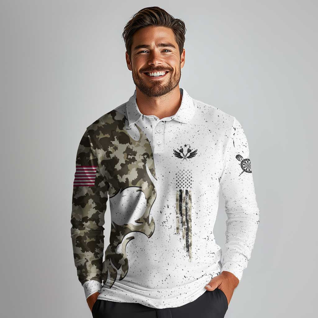 Personalized Camouflage Skull and American Flag Darts Long Sleeve Polo Shirt - Wonder Print Shop