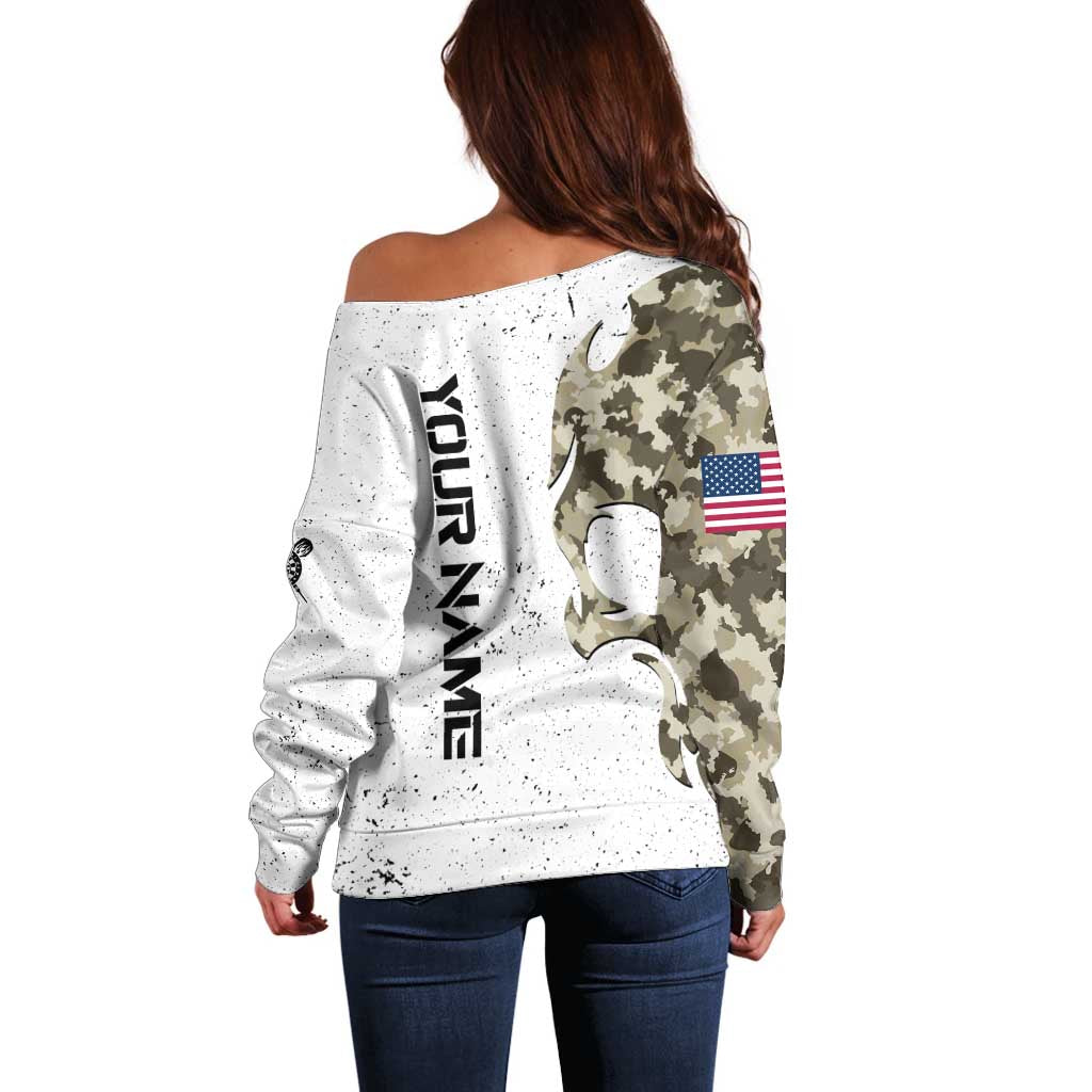 Personalized Camouflage Skull and American Flag Darts Off Shoulder Sweater - Wonder Print Shop