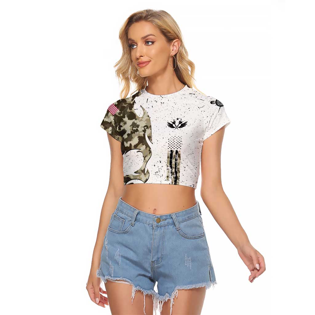 Personalized Camouflage Skull and American Flag Darts Raglan Cropped T Shirt - Wonder Print Shop