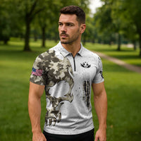Personalized Camouflage Skull and American Flag Darts Zipper Polo Shirt - Wonder Print Shop