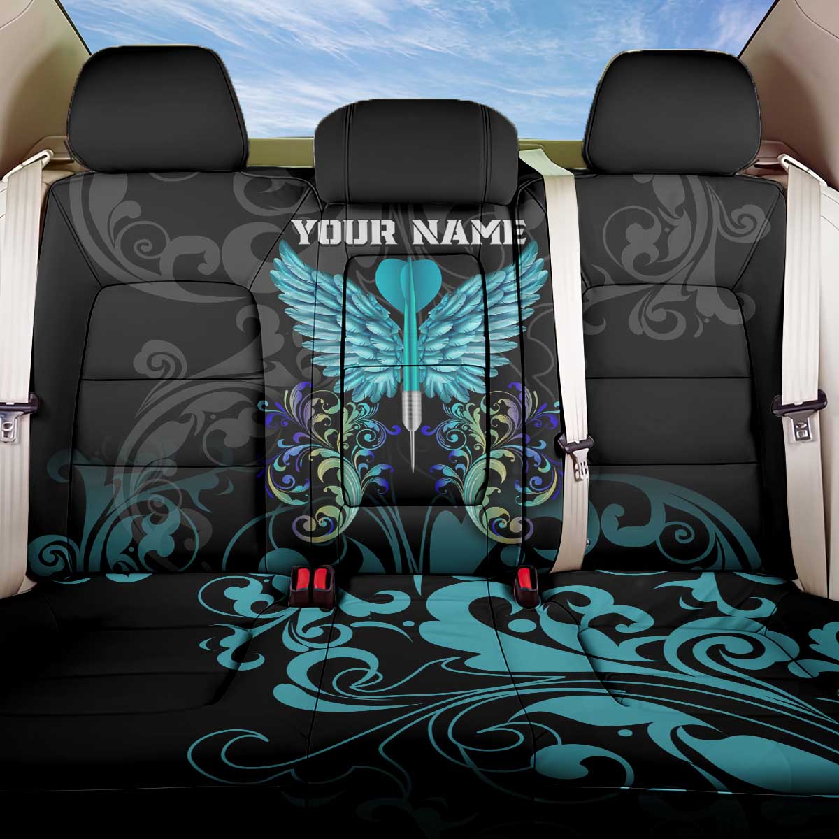 Personalized Elegant Wings and Dartboard Design Back Car Seat Cover with Swirling Floral Patterns - Wonder Print Shop