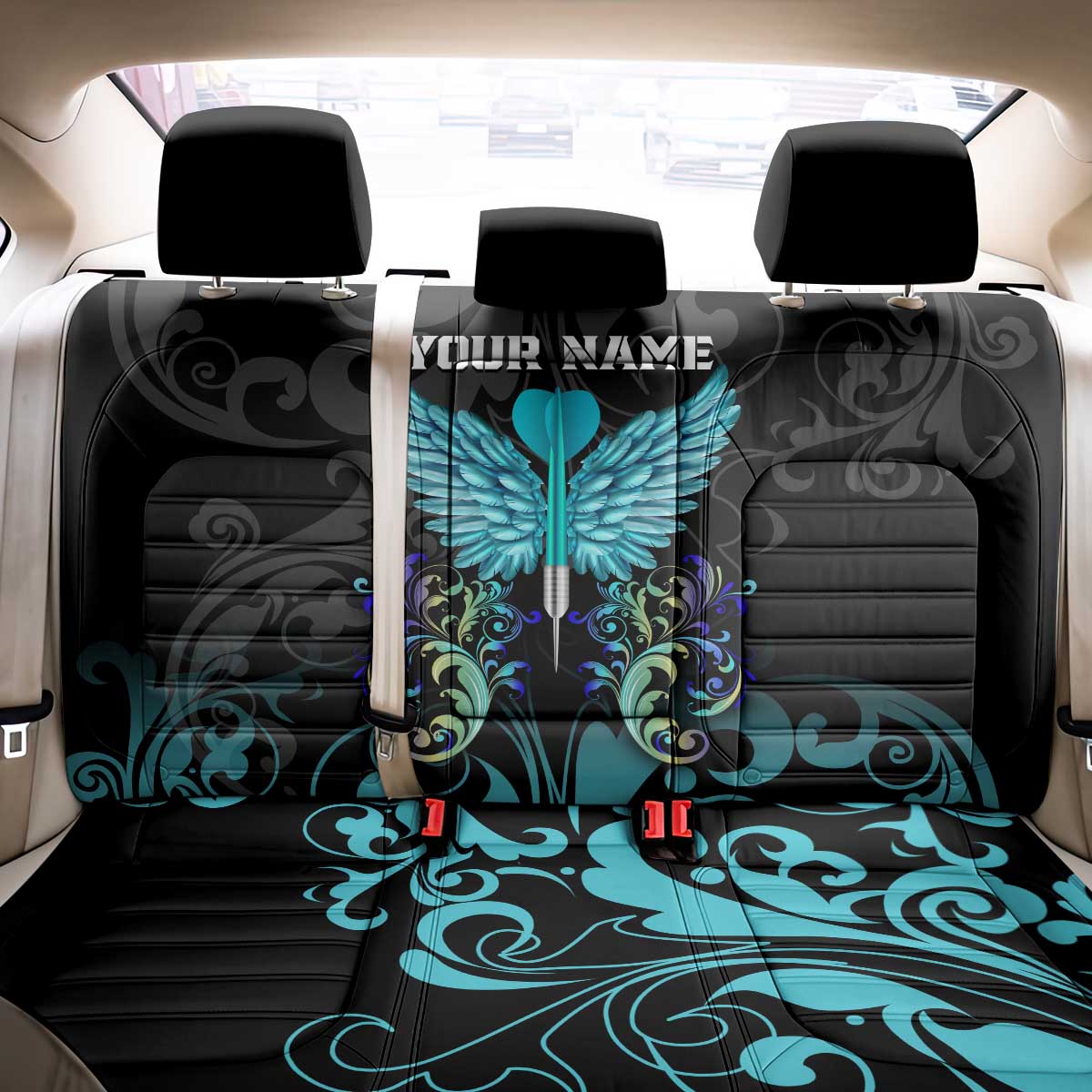 Personalized Elegant Wings and Dartboard Design Back Car Seat Cover with Swirling Floral Patterns - Wonder Print Shop