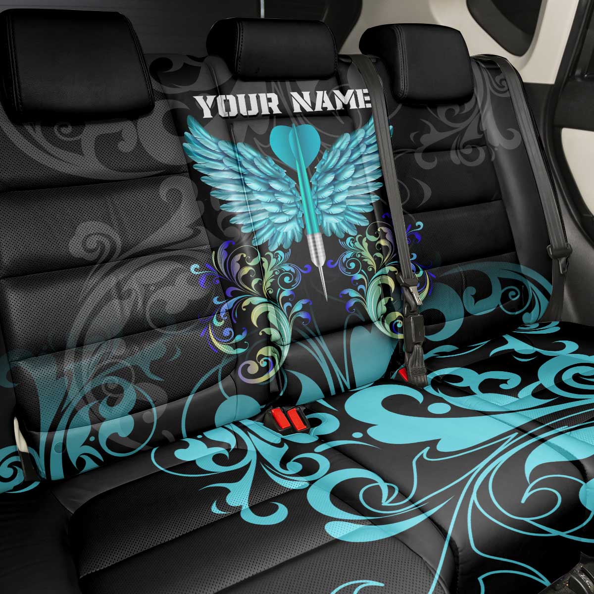 Personalized Elegant Wings and Dartboard Design Back Car Seat Cover with Swirling Floral Patterns - Wonder Print Shop
