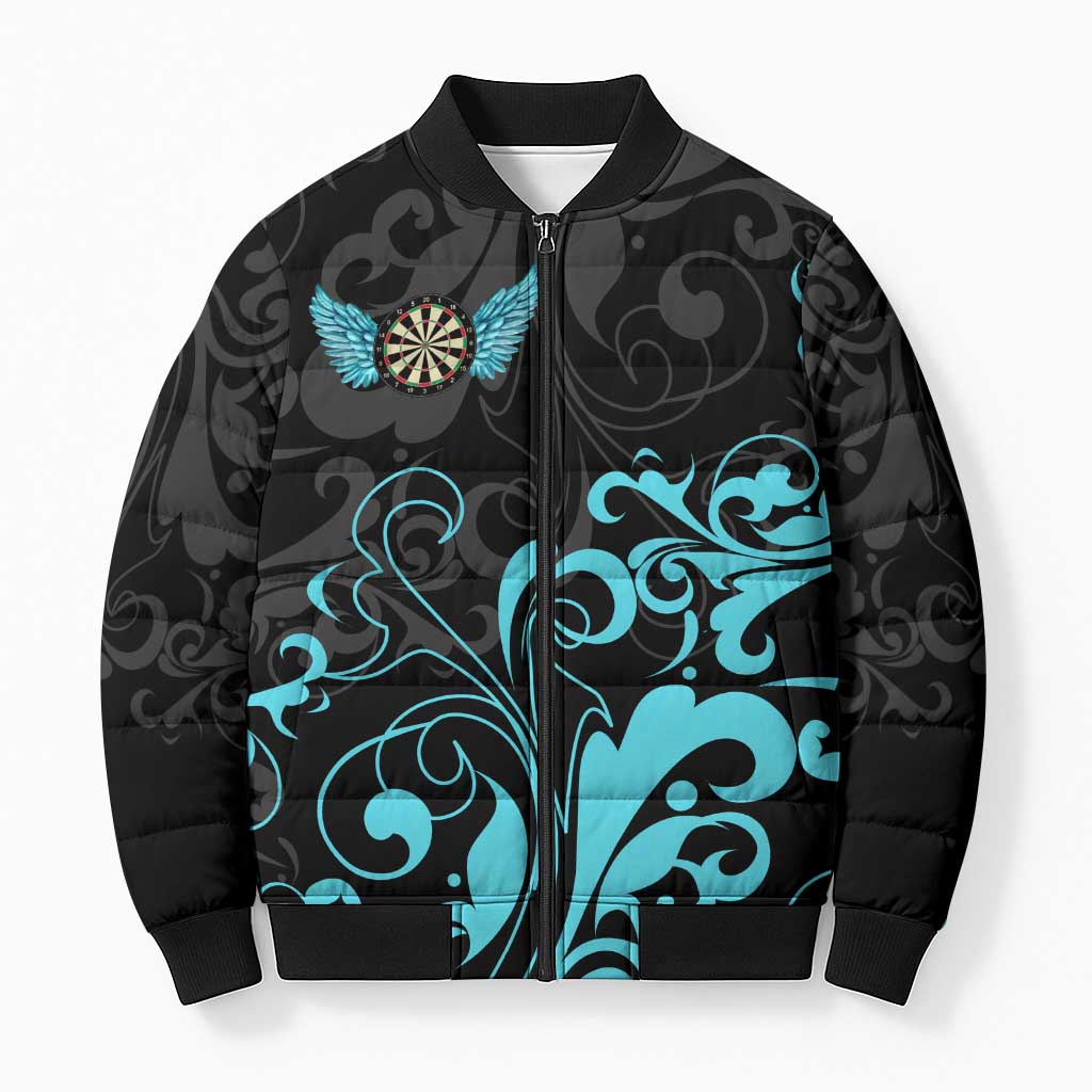 Personalized Elegant Wings and Dartboard Design Bomber Puffer Jacket with Swirling Floral Patterns - Wonder Print Shop