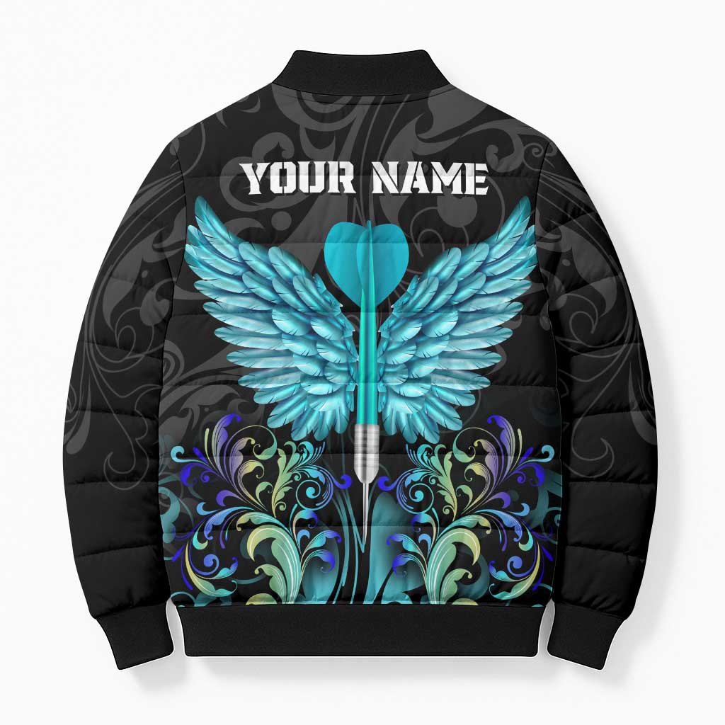 Personalized Elegant Wings and Dartboard Design Bomber Puffer Jacket with Swirling Floral Patterns - Wonder Print Shop