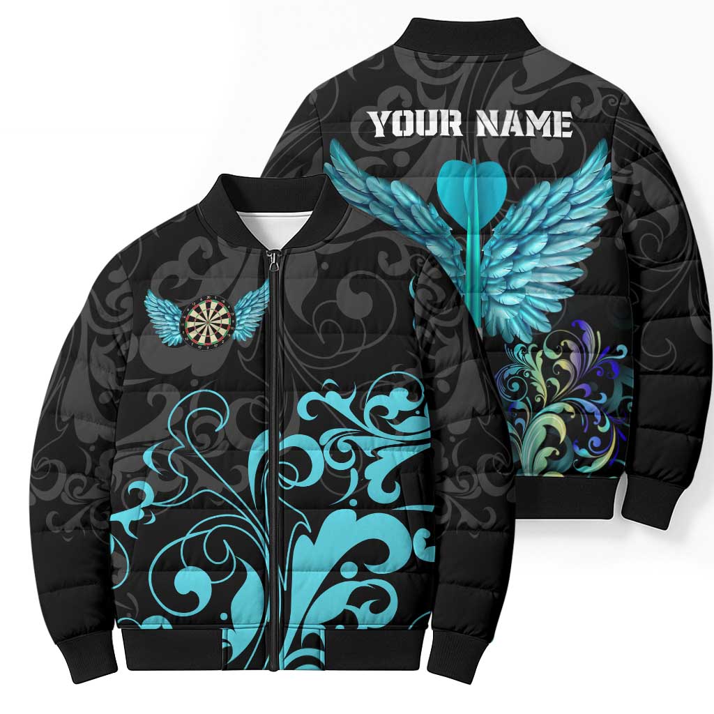 Personalized Elegant Wings and Dartboard Design Bomber Puffer Jacket with Swirling Floral Patterns - Wonder Print Shop