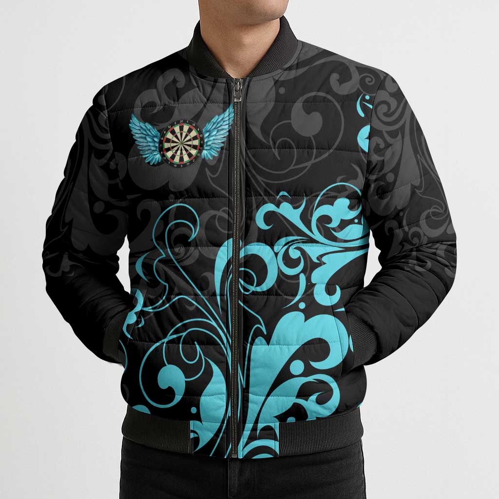 Personalized Elegant Wings and Dartboard Design Bomber Puffer Jacket with Swirling Floral Patterns - Wonder Print Shop