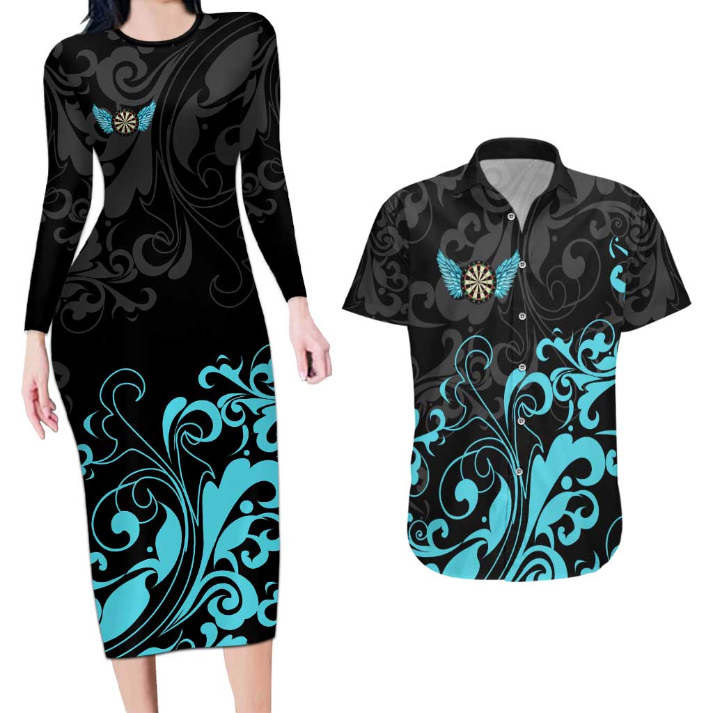 Personalized Elegant Wings and Dartboard Design Couples Matching Long Sleeve Bodycon Dress and Hawaiian Shirt with Swirling Floral Patterns - Wonder Print Shop