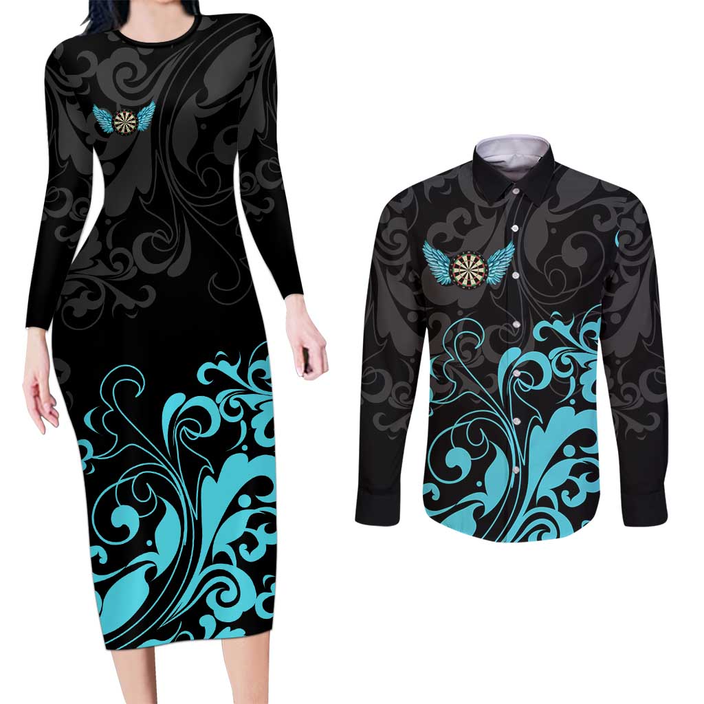 Personalized Elegant Wings and Dartboard Design Couples Matching Long Sleeve Bodycon Dress and Long Sleeve Button Shirt with Swirling Floral Patterns - Wonder Print Shop