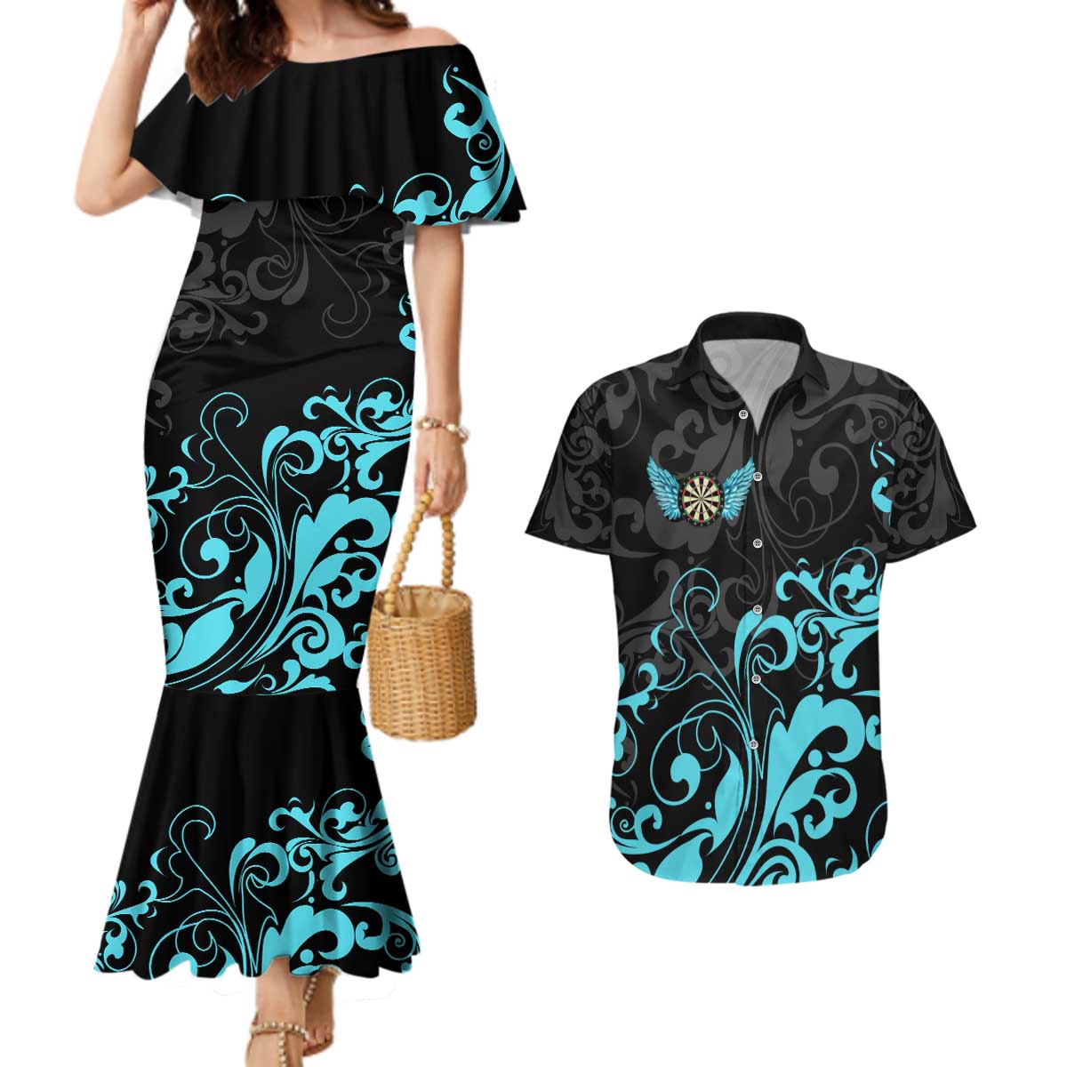 Personalized Elegant Wings and Dartboard Design Couples Matching Mermaid Dress and Hawaiian Shirt with Swirling Floral Patterns - Wonder Print Shop