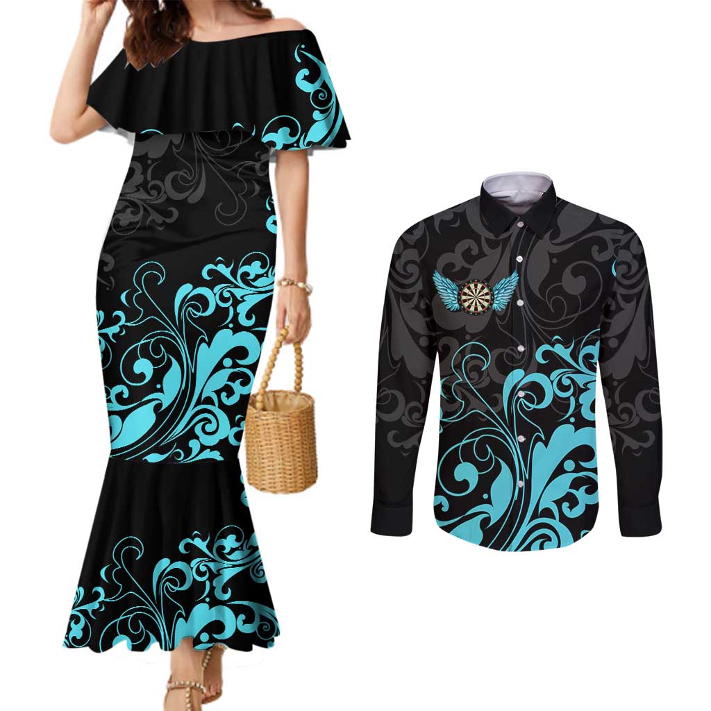 Personalized Elegant Wings and Dartboard Design Couples Matching Mermaid Dress and Long Sleeve Button Shirt with Swirling Floral Patterns - Wonder Print Shop
