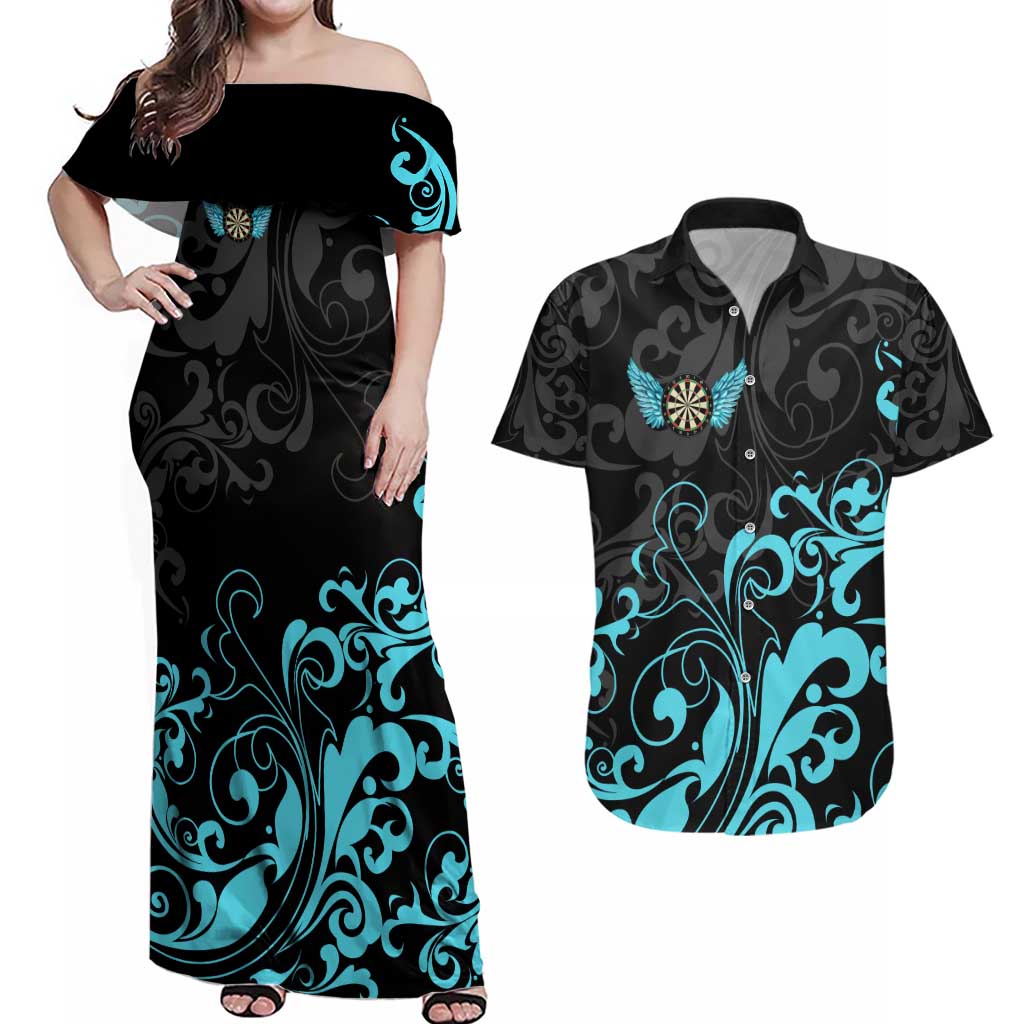 Personalized Elegant Wings and Dartboard Design Couples Matching Off Shoulder Maxi Dress and Hawaiian Shirt with Swirling Floral Patterns - Wonder Print Shop