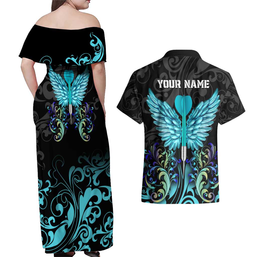 Personalized Elegant Wings and Dartboard Design Couples Matching Off Shoulder Maxi Dress and Hawaiian Shirt with Swirling Floral Patterns - Wonder Print Shop