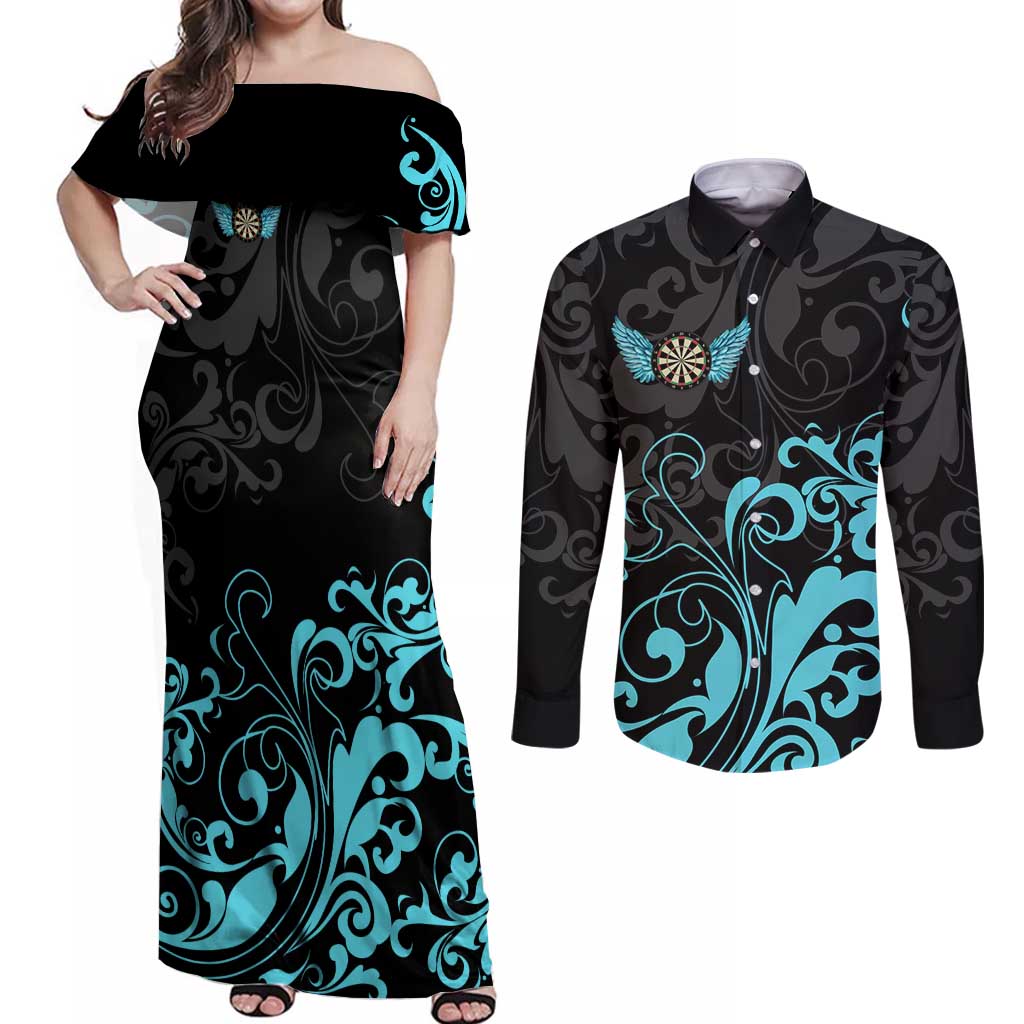 Personalized Elegant Wings and Dartboard Design Couples Matching Off Shoulder Maxi Dress and Long Sleeve Button Shirt with Swirling Floral Patterns - Wonder Print Shop
