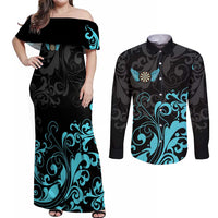 Personalized Elegant Wings and Dartboard Design Couples Matching Off Shoulder Maxi Dress and Long Sleeve Button Shirt with Swirling Floral Patterns - Wonder Print Shop
